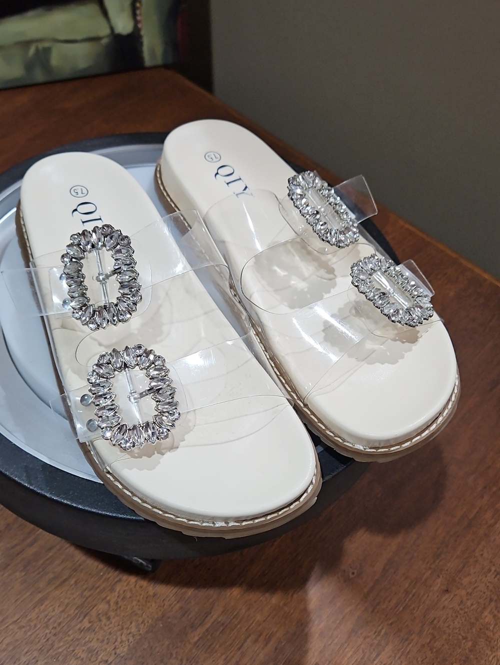 Crystal Buckle White Clear-Strap Slide Sandals